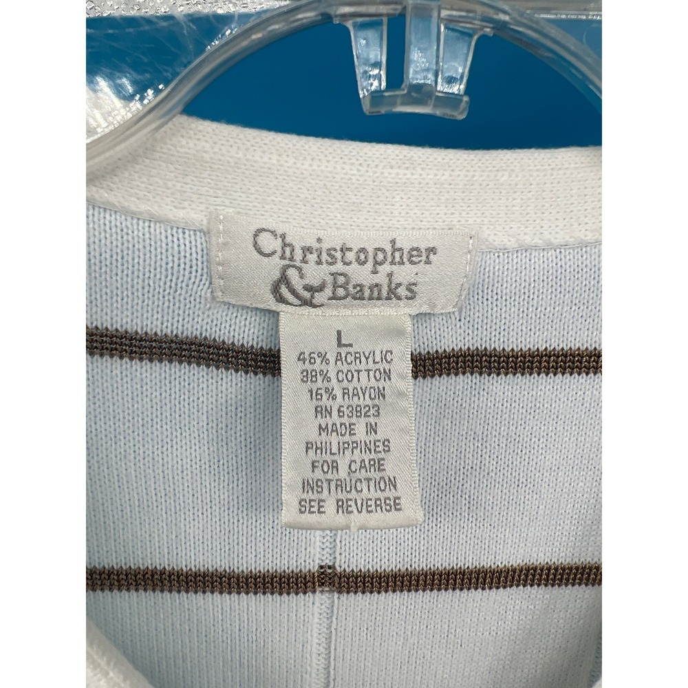 Christopher & Banks Women Cardigan L White Brown Striped 3/4 Sleeve Button Front - Picture 3 of 5